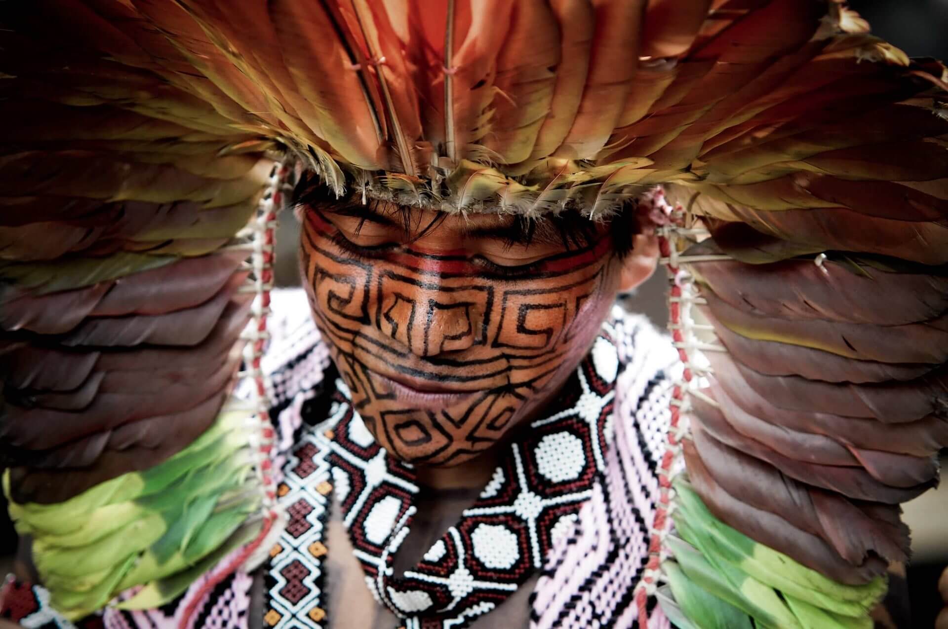 Close-up of an Indigenous person wearing a large feather headdress and traditional face paint, eyes closed, with patterned adornments visible.