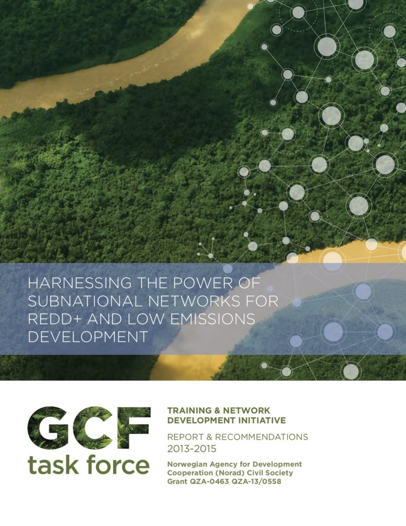 Report cover - aerial photo of forest with rivers, graphic network pattern, text: Harnessing the Power of Subnational Networks for REDD+ and Low Emissions Development; GCF Task Force Training and network development initiative, 2013.