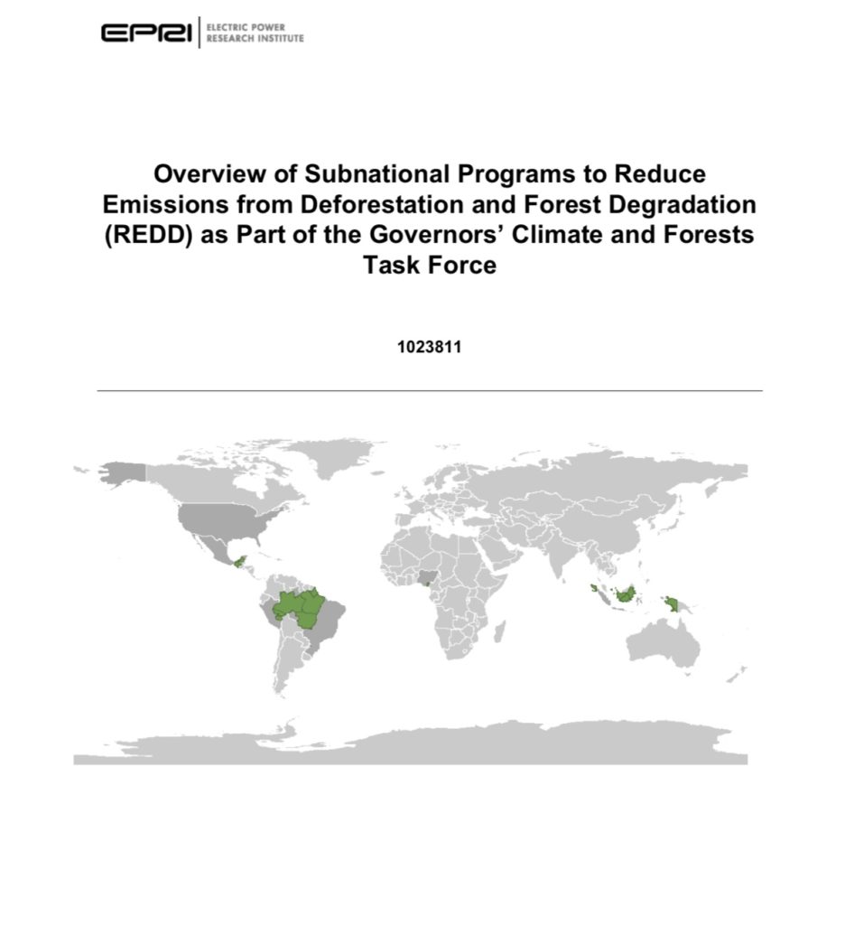 Report cover
Text (Overview of Subnational Programs to Reduce Emissions from Deforestatino and Forest Degradation (REDD) as Part of the Governors’ Climate & Forests Task Force) with world map