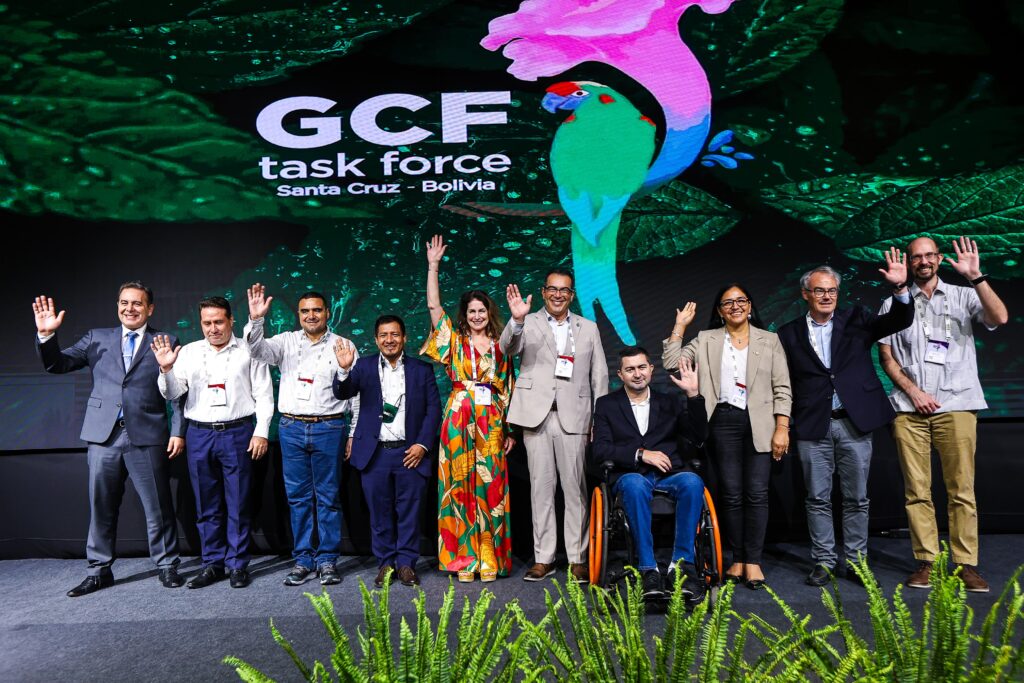Group of people on a stage. Backdrop says GCF Task Force.