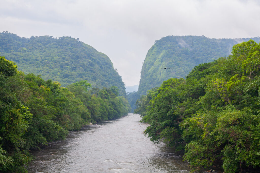 two forested hills with a river running through them - portales del fraguita caqueta colombia