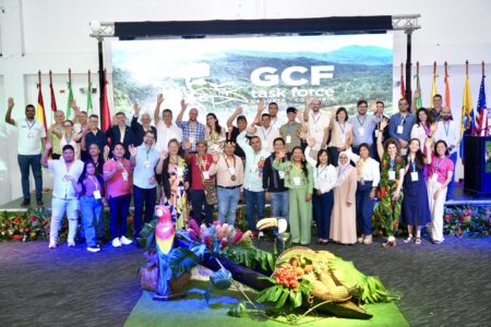 group of people on stage in front of screen that says GCF Task Force