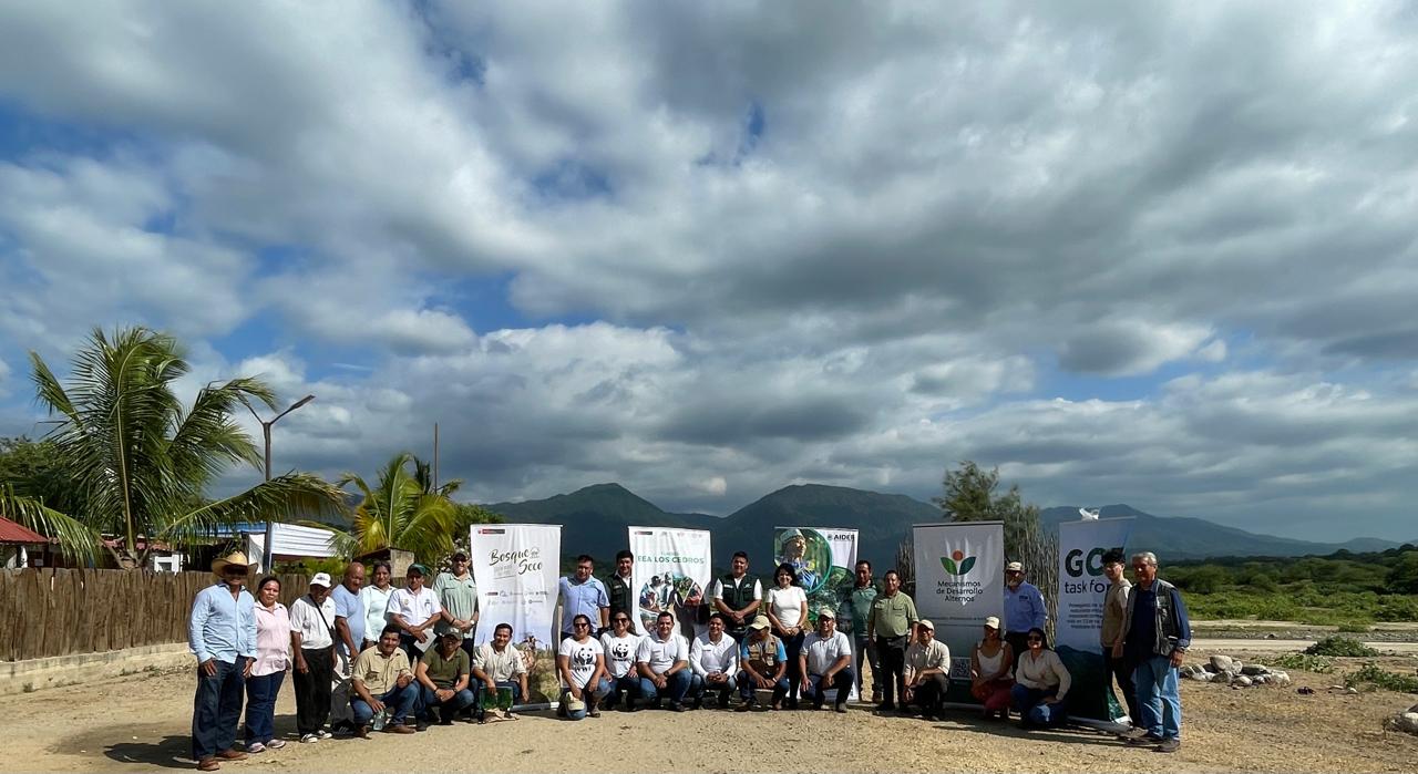 group of people with large signs under a cloudy blue sky